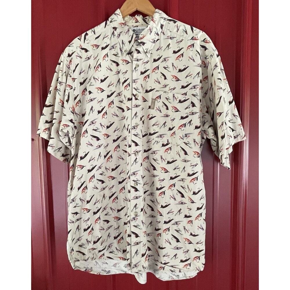 Columbia Shirt Fly Fishing Print Button Down Short Sleeve Camp Hiking XLarge